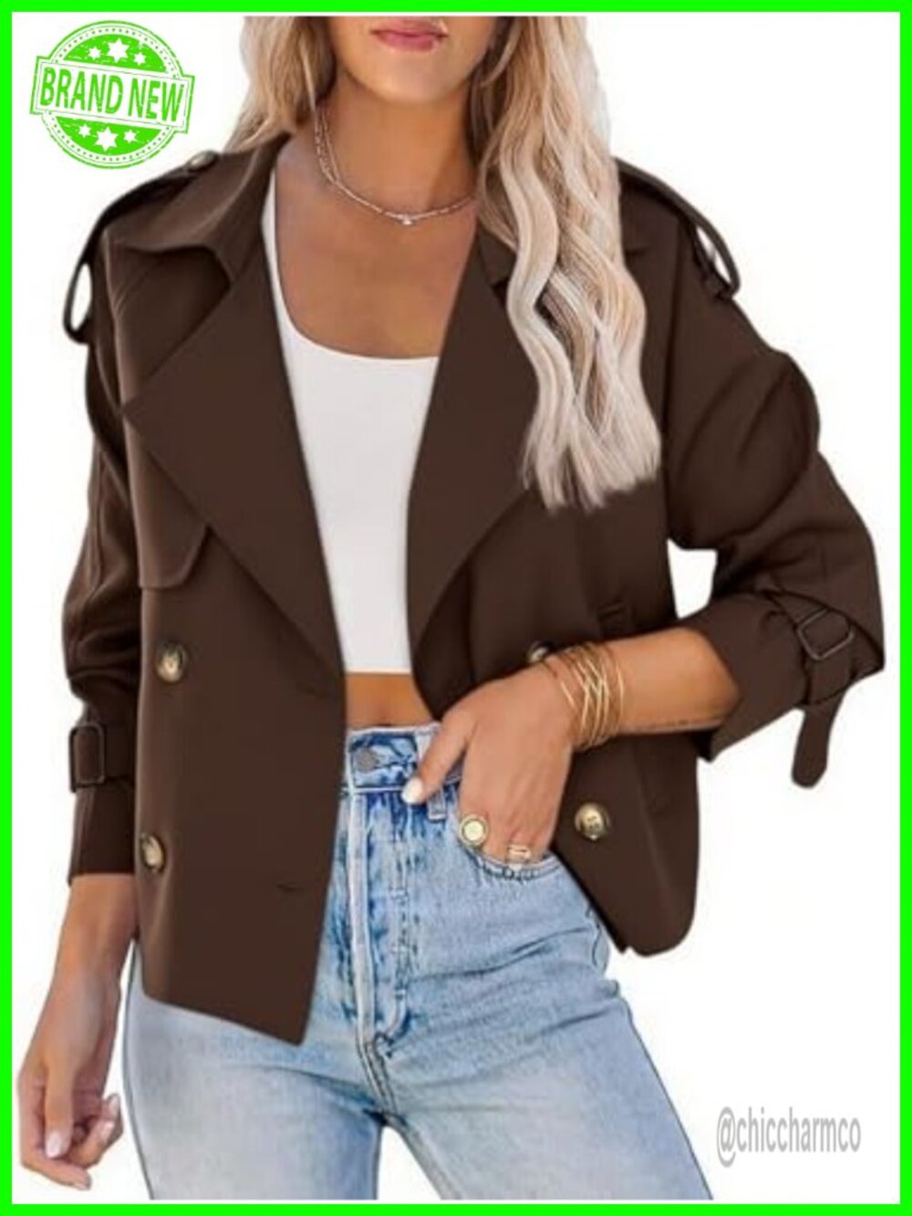 Women's Cropped Trench Coat Double-Breasted Short Trench Jacket Long Sleeve